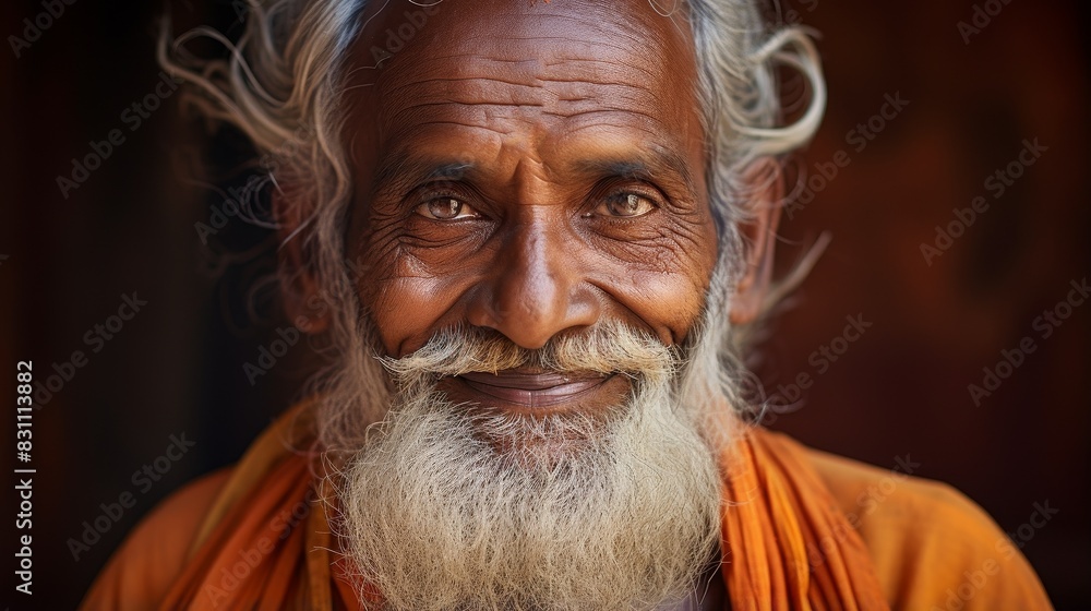 Elderly indian smiling man closeup on dark background
Elderly indian smiling man closeup on dark background
