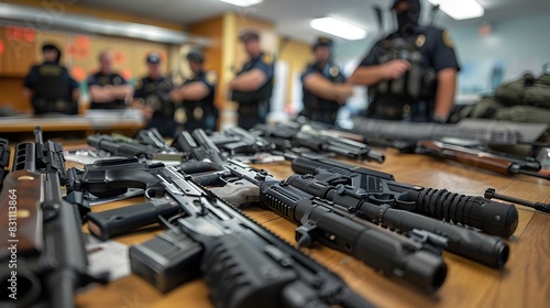 Police Station's Evidence Table Laden with Confiscated Weapons: A Haul for Law Enforcement