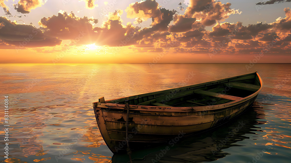 Wooden boat on the lake with mountains and sunset background