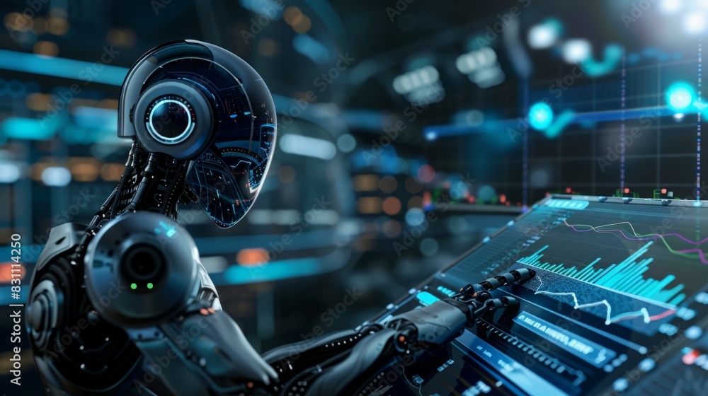 Fototapeta premium A robot is focused on examining data displayed on a computer screen.