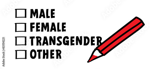 Check box, fill in gender list: male, female, non-binary or transgender. Filling in the questionnaire, documents. Choice of sex in the questionnaire. Survey question: man, woman. Question mark.