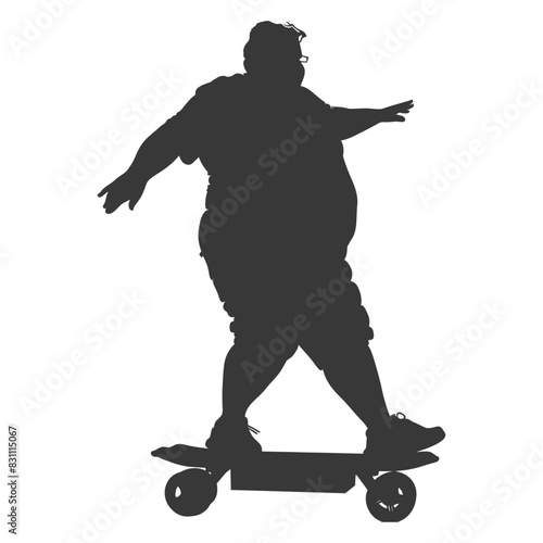 silhouette fat man riding hoverboard full body black color only