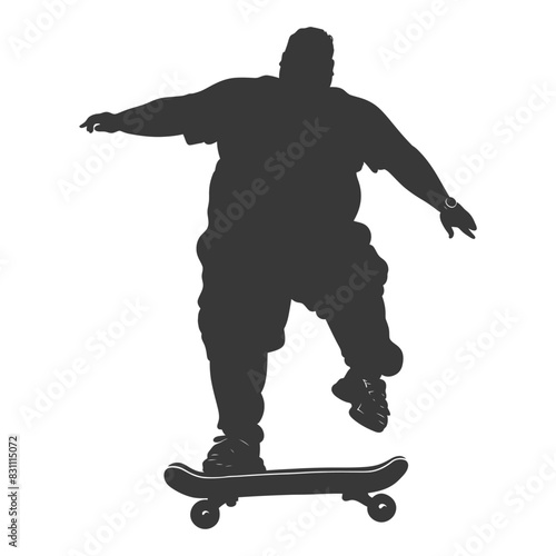 silhouette fat man riding hoverboard full body black color only