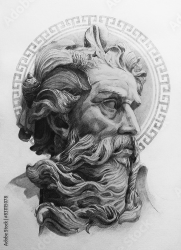 Zeus with an ornamental circle on a background. A pencil drawing. photo