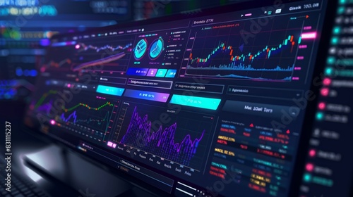 Wallpaper Mural A computer screen displaying an abundance of data charts, graphs, and numbers in a business or scientific setting. Torontodigital.ca