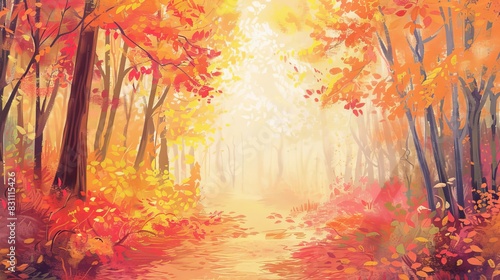 Gentle pastel background featuring a trail through a forest with vibrant fall colors.