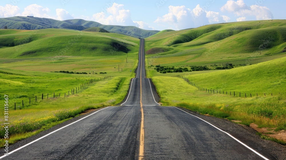 An open road through rolling hills, symbolizing the journey and endless opportunities in freedom