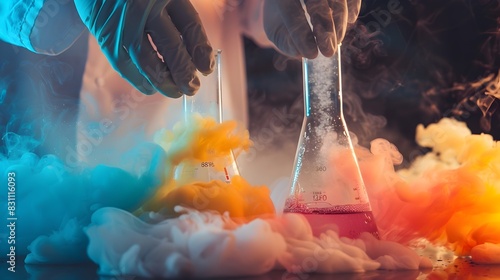 Dangerous Chemicals Mixture - Scientist Concocting Colorful Reaction in Lab photo