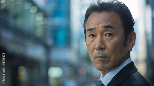 Portrait of Japanese businessman in business district : Generative AI