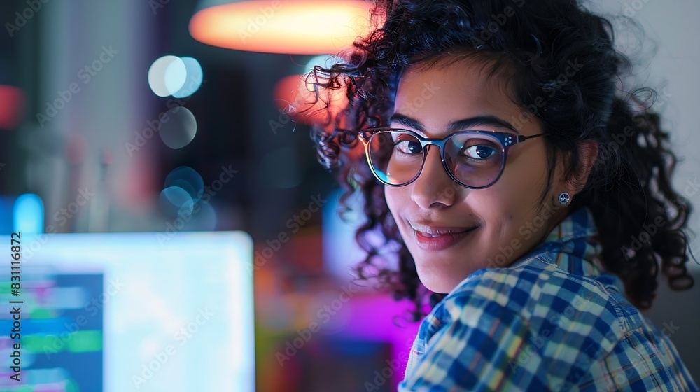 Young successful Indian IT developer female engineer working inside the office of a development company portrait of a female programmer with curly hair and glasses smiling and looking : Generative AI Young successful Indian IT developer female engineer working inside the office of a development company portrait of a female programmer with curly hair and glasses smiling and looking : Generative AI