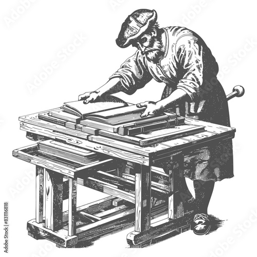 bookbinding in action with engraving sketch style black color only