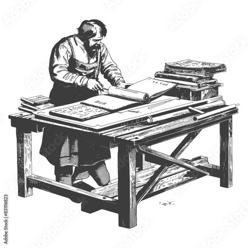 bookbinding in action with engraving sketch style black color only