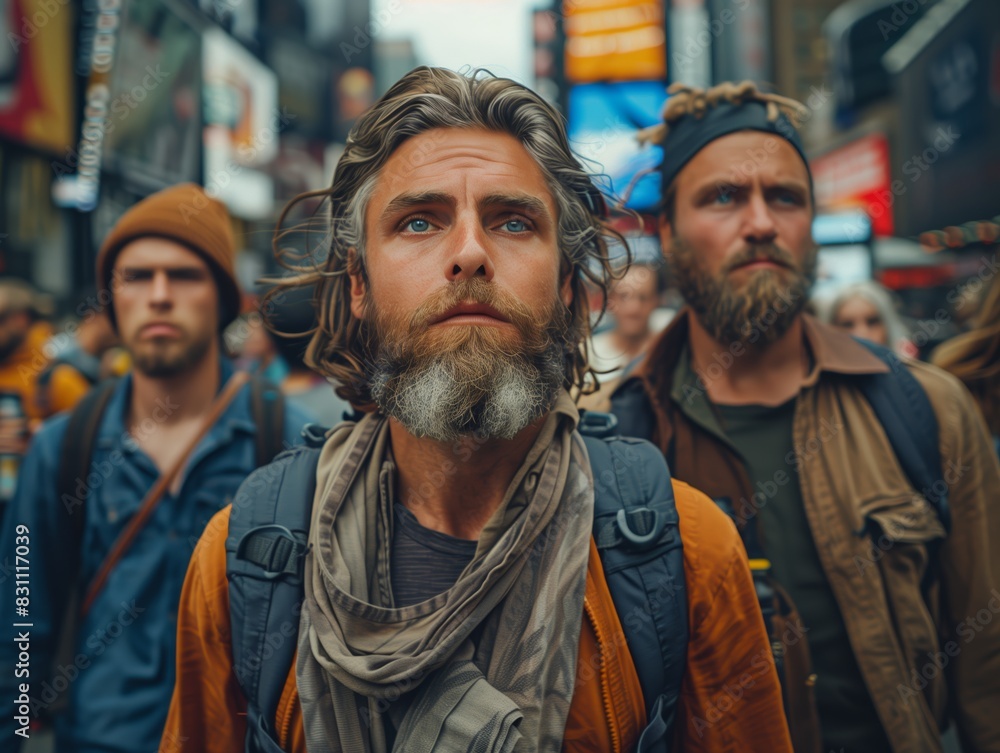 Man Wearing Warm Clothes Standing in a Busy Times Square Evening Man Wearing Warm Clothes Standing in a Busy Times Square Evening