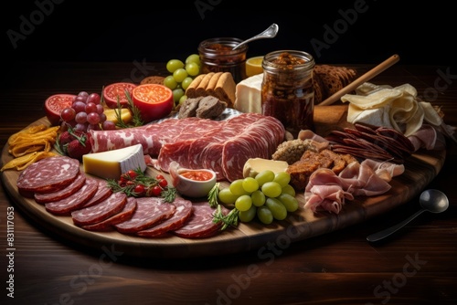 Artisanal charcuterie board, with cured meats, pickles, and gourmet spreads