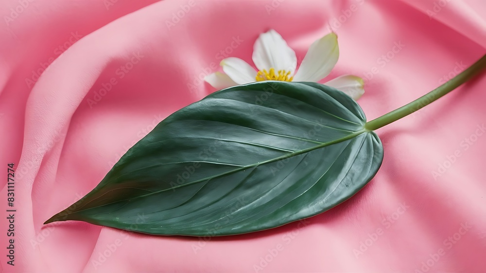 A green leave laying underneath a pink background with a flower A green leave laying underneath a pink background with a flower