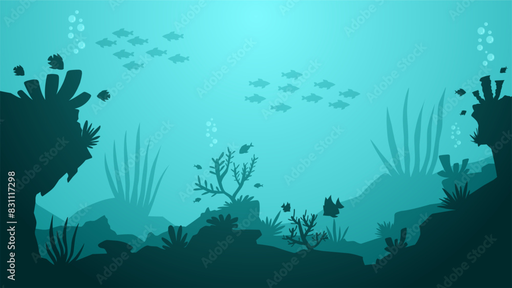 Landscape illustration of seabed with coral reefs and fishes Landscape illustration of seabed with coral reefs and fishes