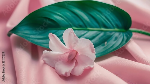 A green leave laying underneath a pink background with a flower