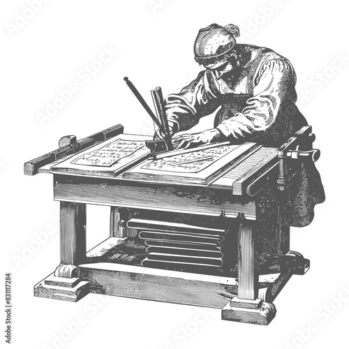 bookbinding in action with engraving sketch style black color only