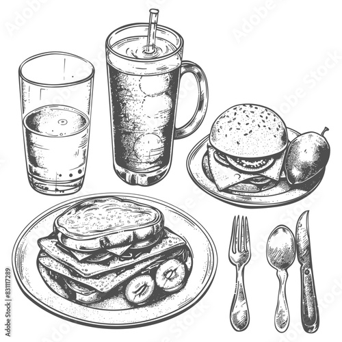 breakfast menu ready to eat with engraving sketch style black color only