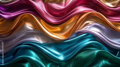 A colorful and shiny fabric design featuring interwoven lines in various metallic colors like emerald, fuchsia, and bronze, creating a beautiful effect. Minimal and Simple style photo