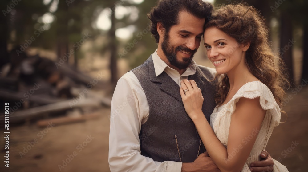 Bride and groom at a rustic wedding, with countryinspired attire and a natural backdrop Bride and groom at a rustic wedding, with countryinspired attire and a natural backdrop