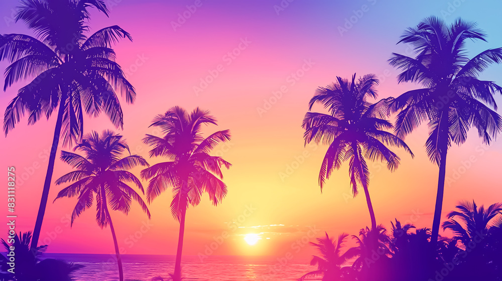 Silhouette of palm trees against a vibrant sunset, evoking feelings of tropical paradise and relaxation