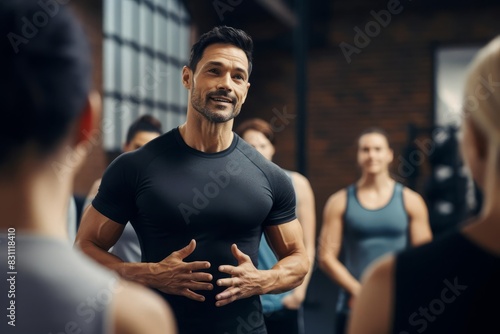 Personal trainer guiding a functional fitness class, demonstrating proper techniques photo