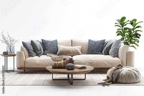 Couch, pillows, coffee table, plant photo