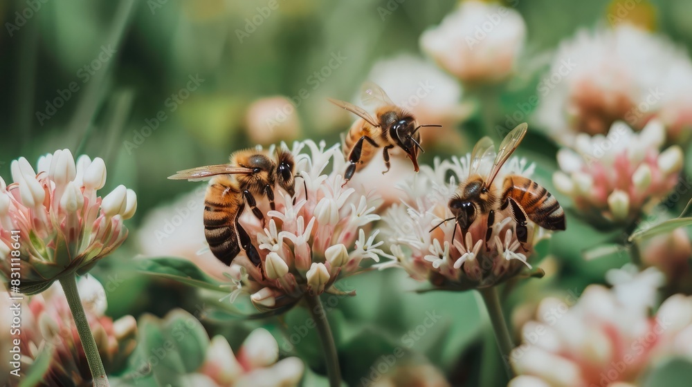 Close-up of bees pollinating flowers, representing the importance of pollinators in ecosystems Close-up of bees pollinating flowers, representing the importance of pollinators in ecosystems