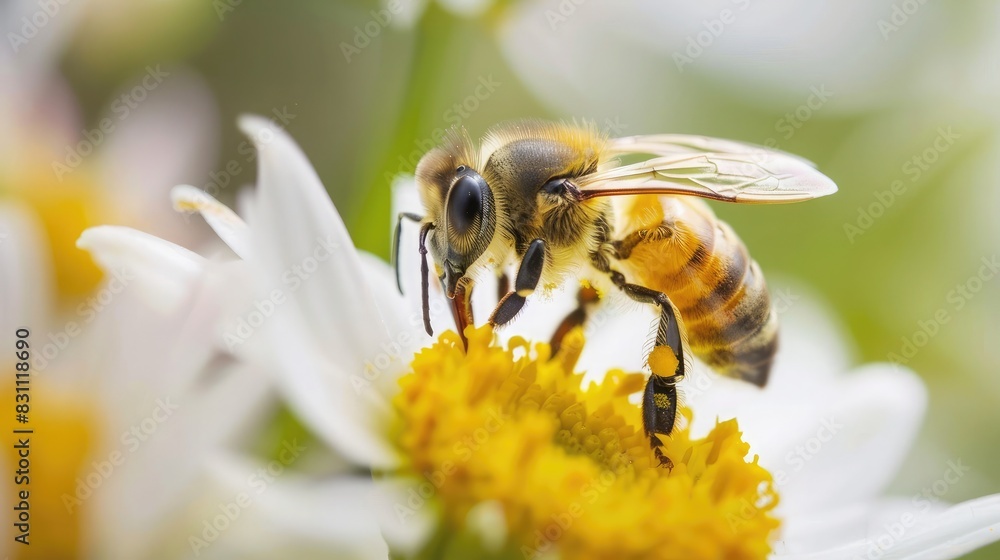 Close-up of bees pollinating flowers, representing the importance of pollinators in ecosystems Close-up of bees pollinating flowers, representing the importance of pollinators in ecosystems
