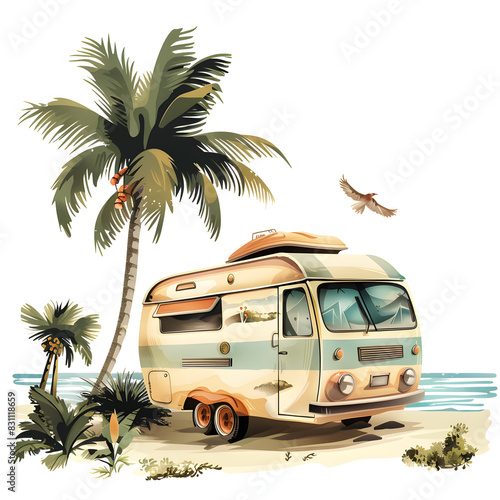 Camper car on beach, camping on nature isolated on white background, detailed, png  © Anton