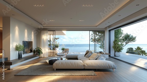 Seaside Serenity: A Living Room Oasis. Generative AI © nataliya_ua