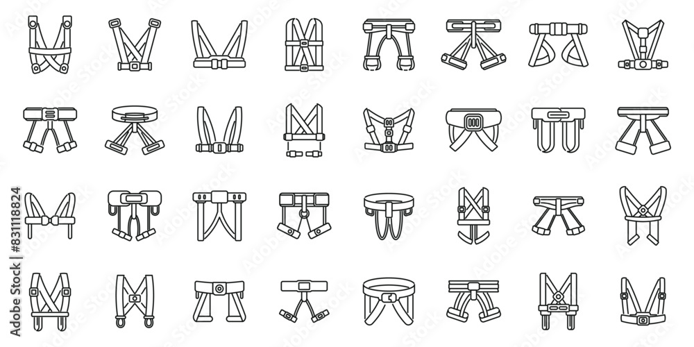 Climbing harness icons set vector. A collection of straps and harnesses are shown in a grid. The straps are of various sizes and colors, and they are all connected to a central point. Scene is one of