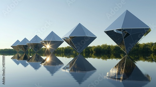 A series of large  metallic tetrahedrons suspended over a mirror-like lake  creating a symmetrical reflection under a clear sky at midday. The scene radiates a calm  surreal atmosphere.