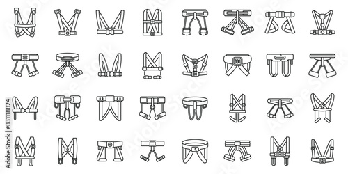 Climbing harness icons set vector. A collection of straps and harnesses are shown in a grid. The straps are of various sizes and colors, and they are all connected to a central point. Scene is one of