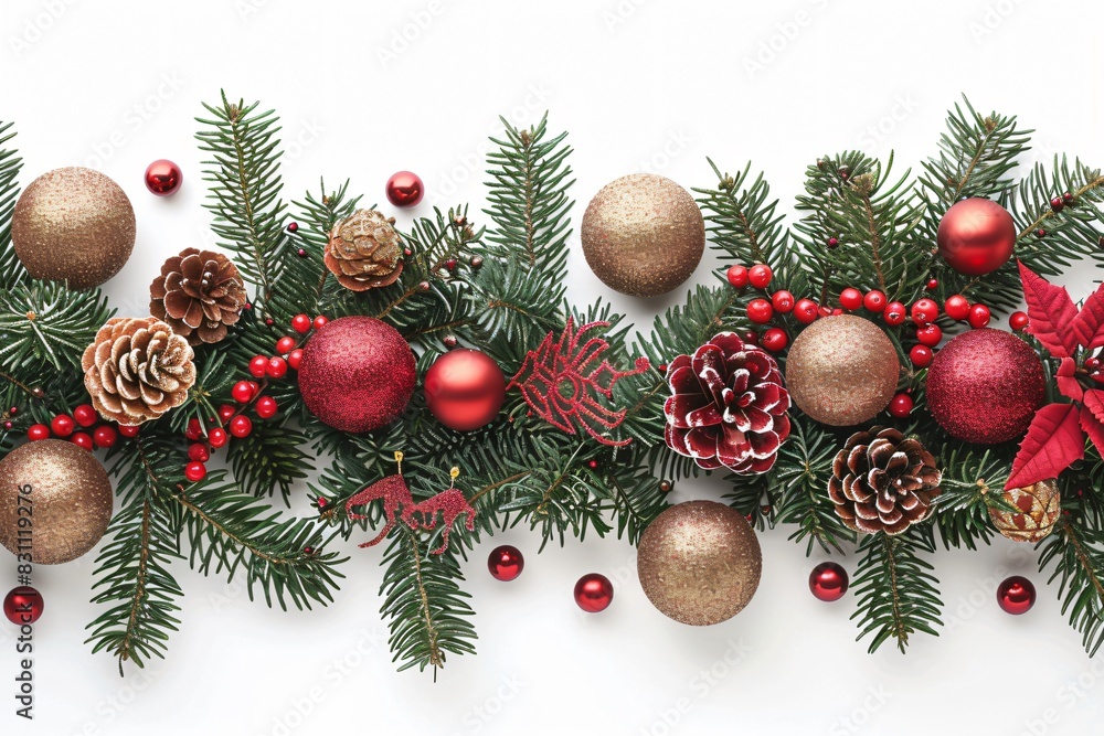 Fototapeta premium Holiday adornments on white backdrop featuring cones and flowers