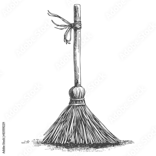 broom cleaning tool with engraving sketch style black color only