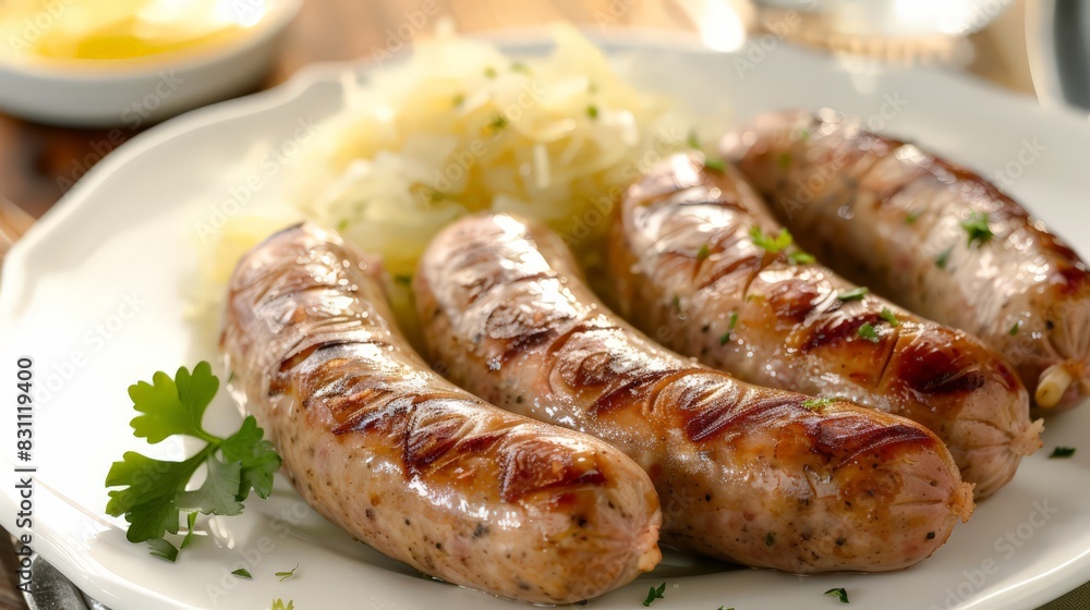 Relish the hearty, comforting taste of German bratwurst, a savory sausage served with sauerkraut and mustard, perfect for a satisfying meal. Relish the hearty, comforting taste of German bratwurst, a savory sausage served with sauerkraut and mustard, perfect for a satisfying meal.