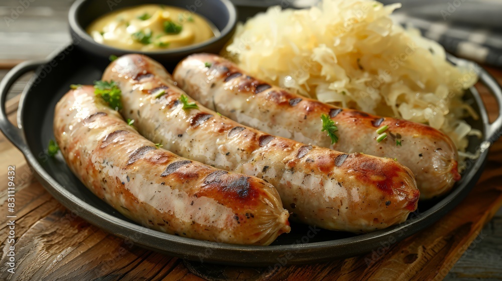 Relish the hearty, comforting taste of German bratwurst, a savory sausage served with sauerkraut and mustard, perfect for a satisfying meal. Relish the hearty, comforting taste of German bratwurst, a savory sausage served with sauerkraut and mustard, perfect for a satisfying meal.