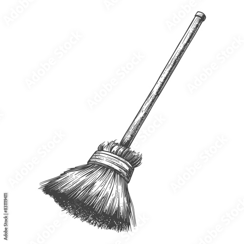 broom cleaning tool with engraving sketch style black color only