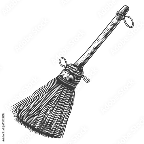 broom cleaning tool with engraving sketch style black color only