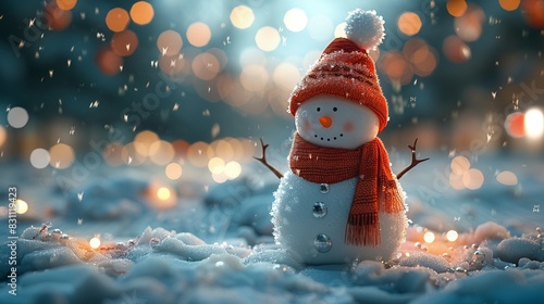 Cheerful snowman with a scarf and hat, snowcovered park, glowing bokeh lights, AI generated, warm and cute, Illustration 8K , high-resolution, ultra HD,up32K HD photo