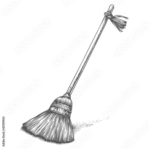 broom cleaning tool with engraving sketch style black color only