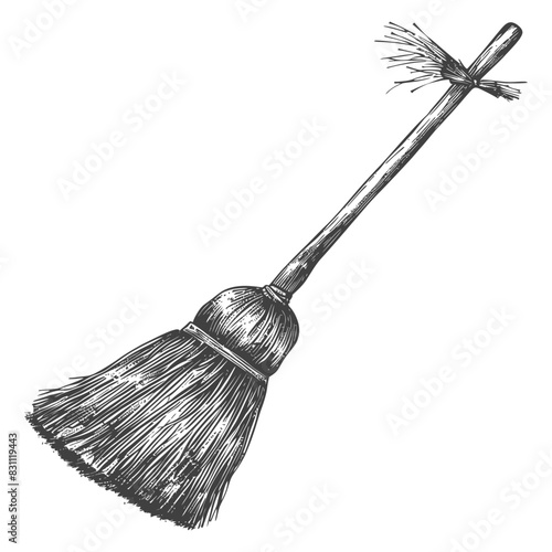broom cleaning tool with engraving sketch style black color only