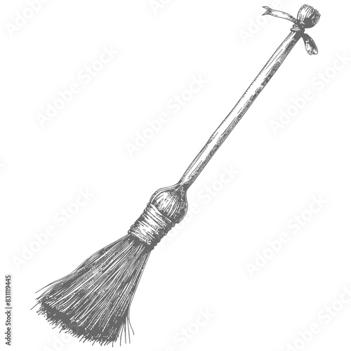 broom cleaning tool with engraving sketch style black color only