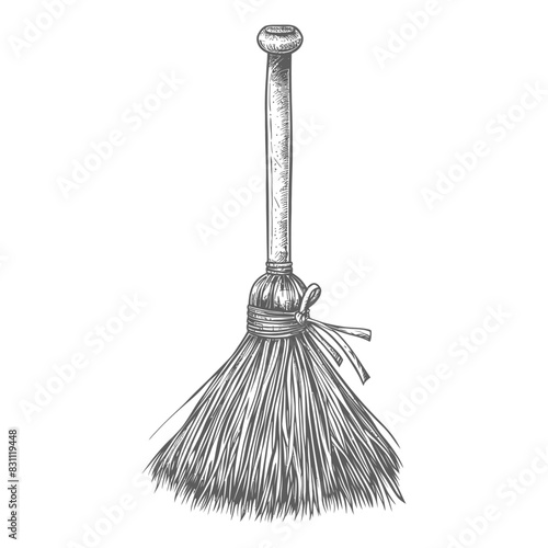 broom cleaning tool with engraving sketch style black color only