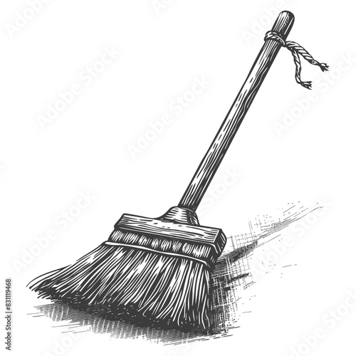 broom cleaning tool with engraving sketch style black color only