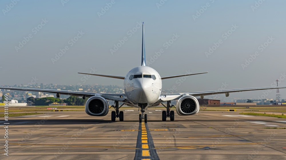 Obraz premium Commercial airliner taxiing on the runway, ready for departure, showcasing the efficiency and speed of air travel