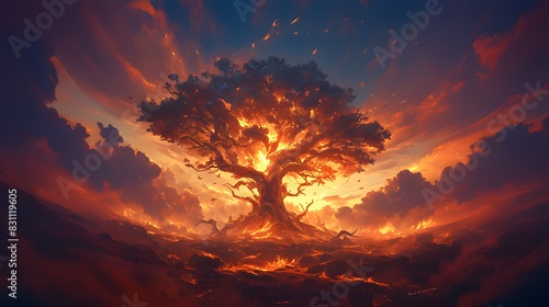 Enchanting digital artwork featuring a magical tree illuminated by light against a fiery sunset sky, evoking fantasy and the awe-inspiring elements of nature