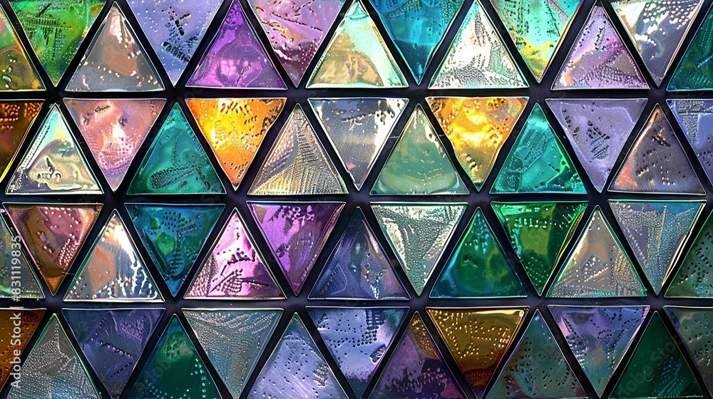 A colorful and shiny fabric design with a grid of small, metallic triangles in alternating hues of purple, green, and silver, arranged in a beautiful style. Minimal and Simple style A colorful and shiny fabric design with a grid of small, metallic triangles in alternating hues of purple, green, and silver, arranged in a beautiful style. Minimal and Simple style